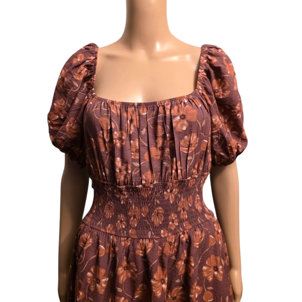 Floral Puff Sleeve Smocked Waist Midi Dress Size XL - Picture 4 of 12